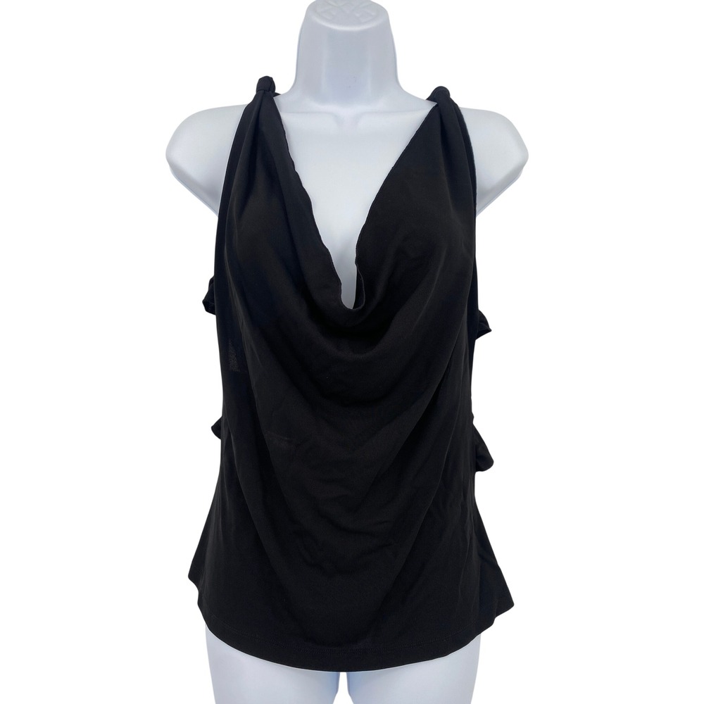 Moda International Halter Top Women Medium Black Vintage Y2K Cowl Neck Open Back